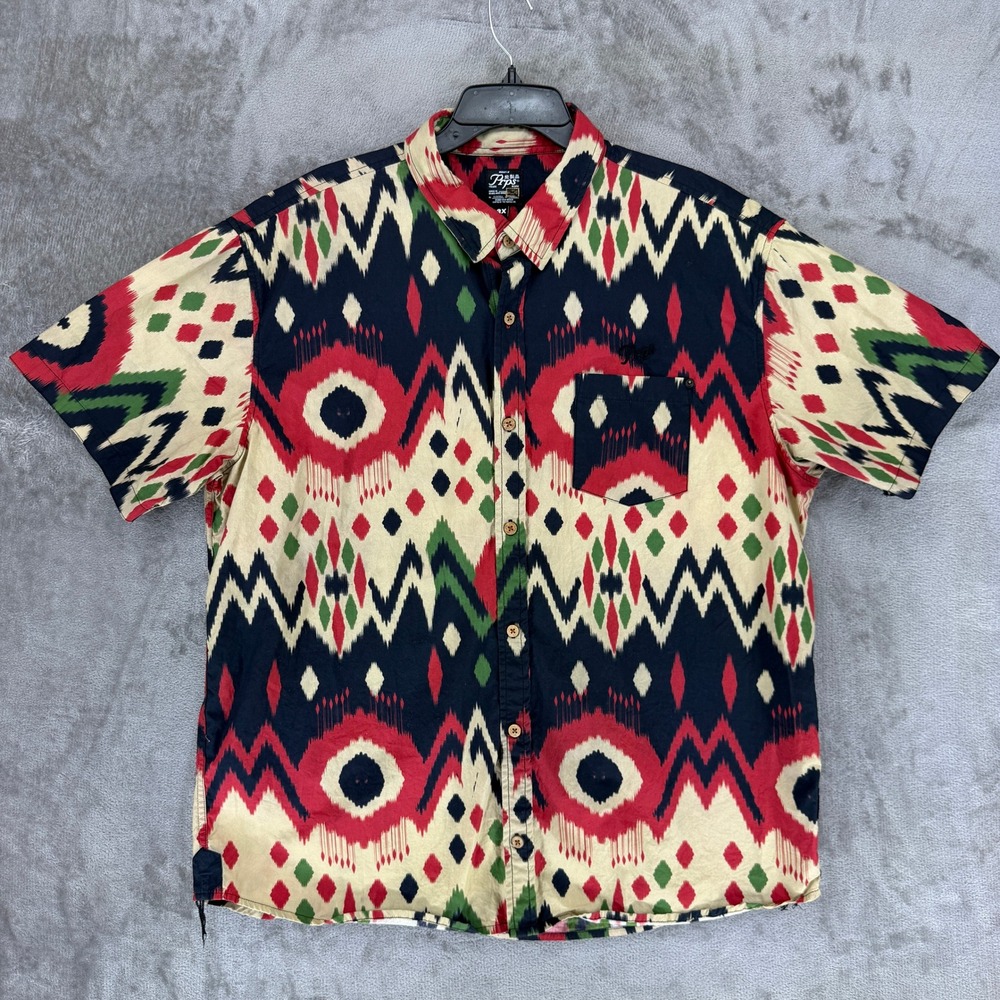 Prps Mens 3X Ikat Tribal Print Button Down Shirt Black Red E103S311 Cotton SS
